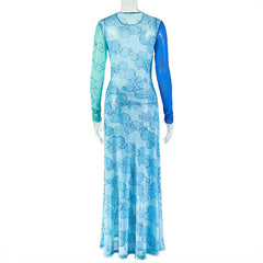 Long sleeve crewneck print slit mesh mini dress | Festival Outfits Women