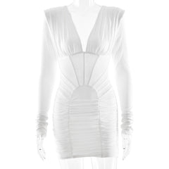 Long sleeve ruched v neck solid mini dress | Festival Outfits Women