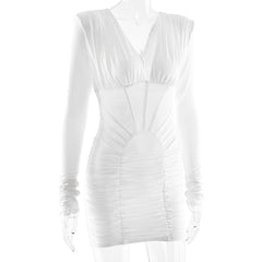 Long sleeve ruched v neck solid mini dress | Festival Outfits Women