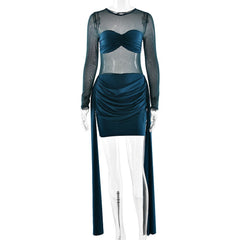 Crewneck long sleeve ruched mesh mini dress | Festival Outfits Women