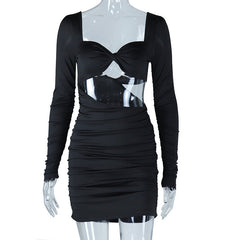 Long sleeve hollow out v neck ruched cut out mini dress | Festival Outfits Women