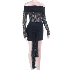 Long sleeve lace irregular off shoulder mini dress | Festival Outfits Women
