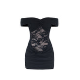 Off shoulder lace ruched solid mini dress | Festival Outfits Women