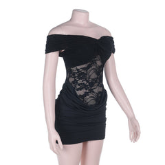Off shoulder lace ruched solid mini dress | Festival Outfits Women