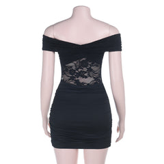 Off shoulder lace ruched solid mini dress | Festival Outfits Women