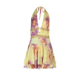 Halter self tie print deep v neck mini dress | Festival Outfits Women