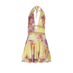 Halter self tie print deep v neck mini dress | Festival Outfits Women