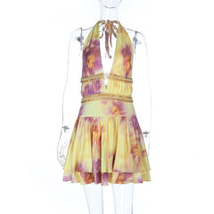 Halter self tie print deep v neck mini dress | Festival Outfits Women