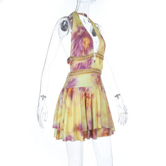 Halter self tie print deep v neck mini dress | Festival Outfits Women