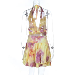 Halter self tie print deep v neck mini dress | Festival Outfits Women