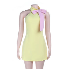 Bowknot self tie high neck backless mini dress | Festival Outfits Women