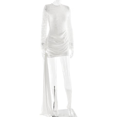 Crewneck long sleeve irregular ruched lace mini dress | Festival Outfits Women