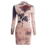 Long sleeve flower applique high neck mini dress | Festival Outfits Women
