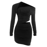 Long sleeve irregular ruched hollow out mini dress | Festival Outfits Women