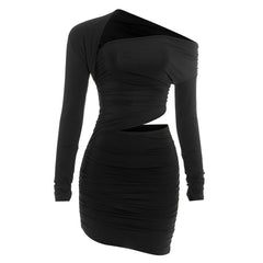 Long sleeve irregular ruched hollow out mini dress | Festival Outfits Women