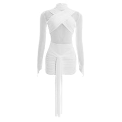 High neck button long sleeve mesh ruched mini dress | Festival Outfits Women