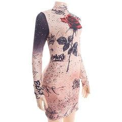 Long sleeve flower applique high neck mini dress | Festival Outfits Women