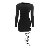 Long sleeve hollow out self tie crewneck mini dress | Festival Outfits Women