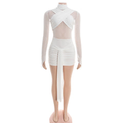 High neck button long sleeve mesh ruched mini dress | Festival Outfits Women