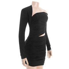 Long sleeve irregular ruched hollow out mini dress | Festival Outfits Women