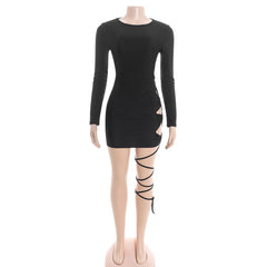 Long sleeve hollow out self tie crewneck mini dress | Festival Outfits Women