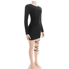 Long sleeve hollow out self tie crewneck mini dress | Festival Outfits Women