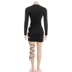 Long sleeve hollow out self tie crewneck mini dress | Festival Outfits Women