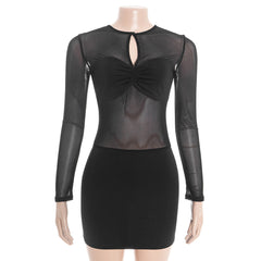 Long sleeve crewneck hollow out ruched mesh mini dress | Festival Outfits Women