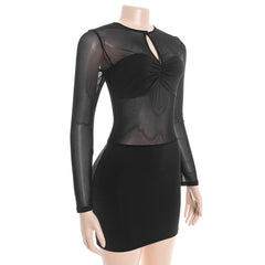 Long sleeve crewneck hollow out ruched mesh mini dress | Festival Outfits Women