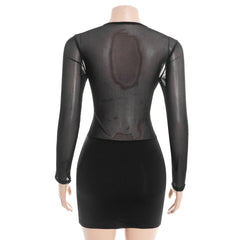 Long sleeve crewneck hollow out ruched mesh mini dress | Festival Outfits Women