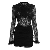 Long sleeve fluffy crewneck lace ruched mini dress | Festival Outfits Women