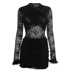 Long sleeve fluffy crewneck lace ruched mini dress | Festival Outfits Women