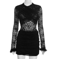 Long sleeve fluffy crewneck lace ruched mini dress | Festival Outfits Women