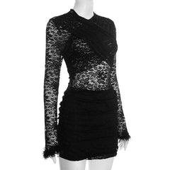 Long sleeve fluffy crewneck lace ruched mini dress | Festival Outfits Women