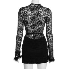 Long sleeve fluffy crewneck lace ruched mini dress | Festival Outfits Women