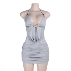 Halter self tie glitter ruched v neck hollow out mini dress | Festival Outfits Women