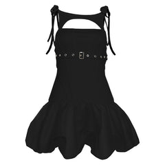 Hollow out self tie ruched buckle mini dress | Festival Outfits Women