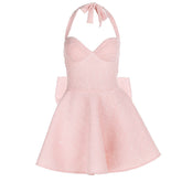 Self tie halter bowknot zip-up v neck mini dress | Festival Outfits Women