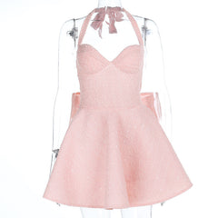 Self tie halter bowknot zip-up v neck mini dress | Festival Outfits Women
