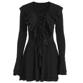 Long flared sleeve ruffle lace up solid mini dress | Festival Outfits Women