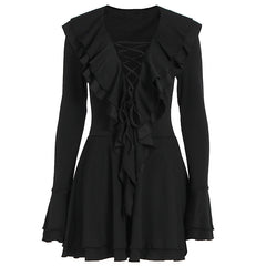 Long flared sleeve ruffle lace up solid mini dress | Festival Outfits Women