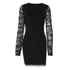 Lace long sleeve square neck solid mini dress | Festival Outfits Women