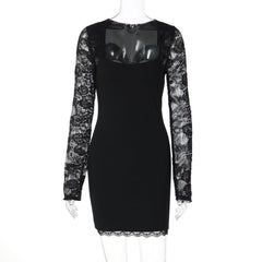 Lace long sleeve square neck solid mini dress | Festival Outfits Women