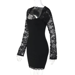 Lace long sleeve square neck solid mini dress | Festival Outfits Women