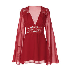 Long flared sleeve v neck chiffon zip-up mini dress | Festival Outfits Women