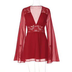 Long flared sleeve v neck chiffon zip-up mini dress | Festival Outfits Women