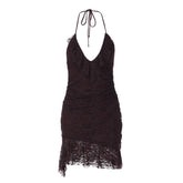 Halter self tie v neck ruffle lace ruched mini dress | Festival Outfits Women