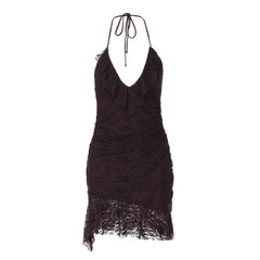 Halter self tie v neck ruffle lace ruched mini dress | Festival Outfits Women