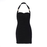 Halter ruched backless solid mini dress | Festival Outfits Women