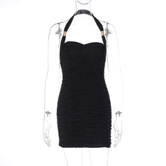 Halter ruched backless solid mini dress | Festival Outfits Women